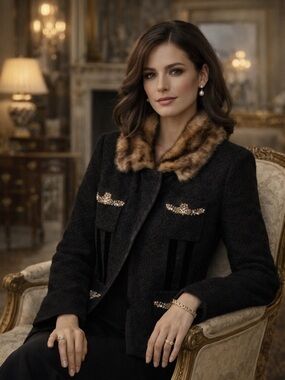 Pamela McCoy Vintage-Style Black Bouclé Jacket Velvet Trim 1X NWT